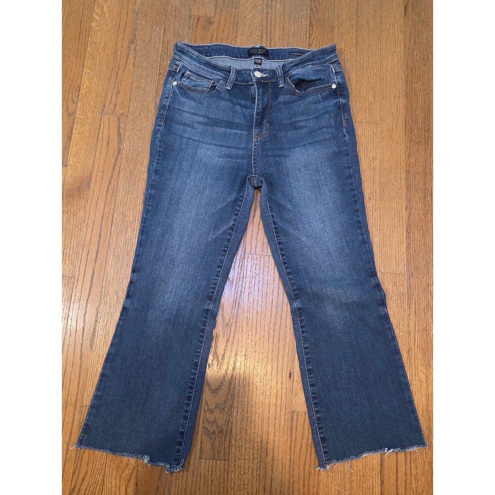 Judy Blue Cropped Bootcut Jeans Medium Wash Raw Hem Size 11/30 High Rise Stretch